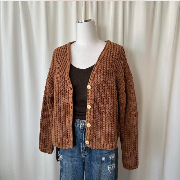Twothirds chunky knit crochet cardigan brown Size Medium. - Picture 4 of 7